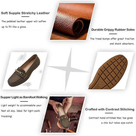 Kordal Women's Light GrLeather Gold Accent Buckle Slip-Ons Walking Flats Loafers - Picture 3 of 9